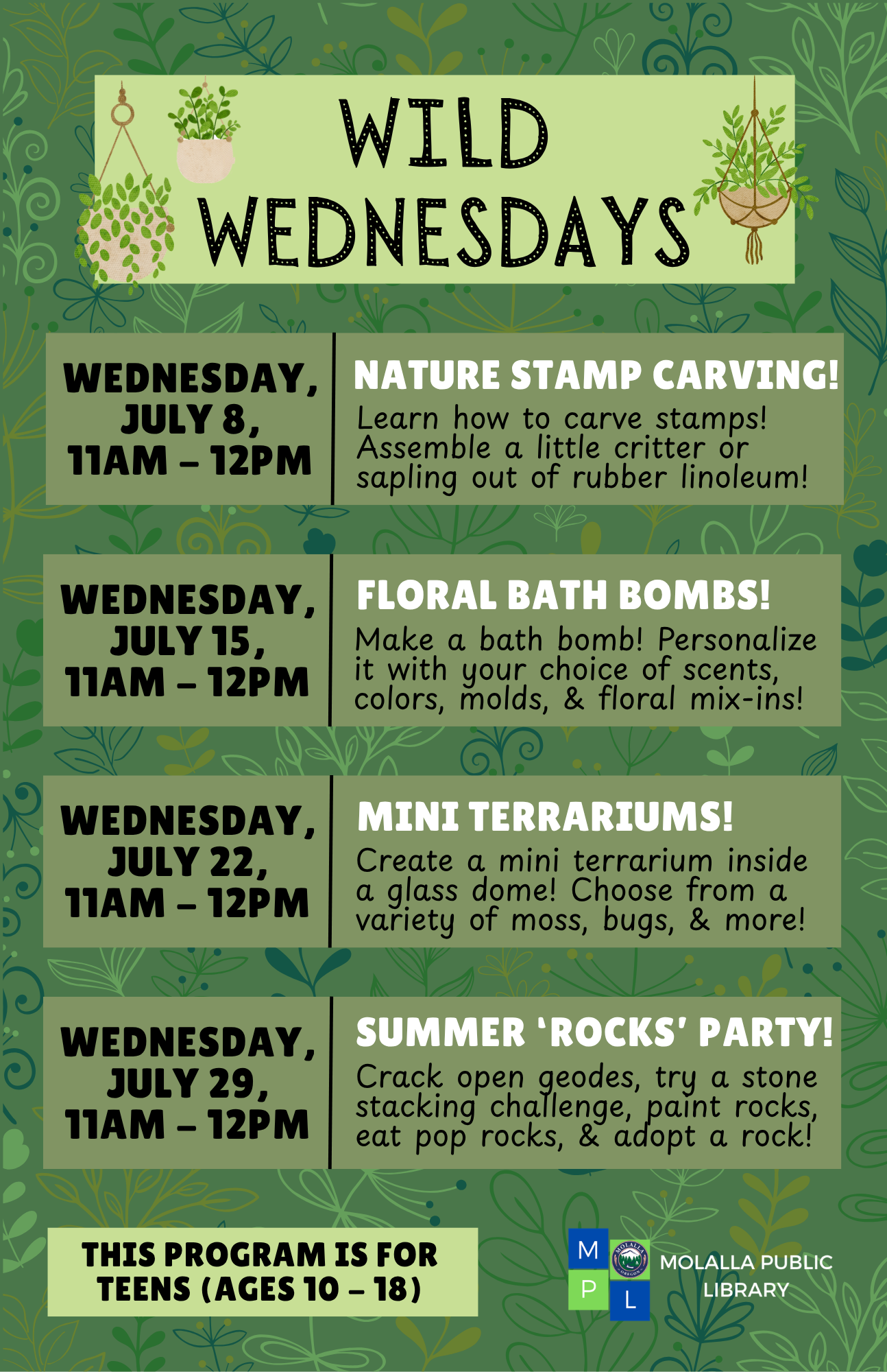 Teens (ages 10 - 18), join us for Wild Wednesday crafts from 11am - 12pm!